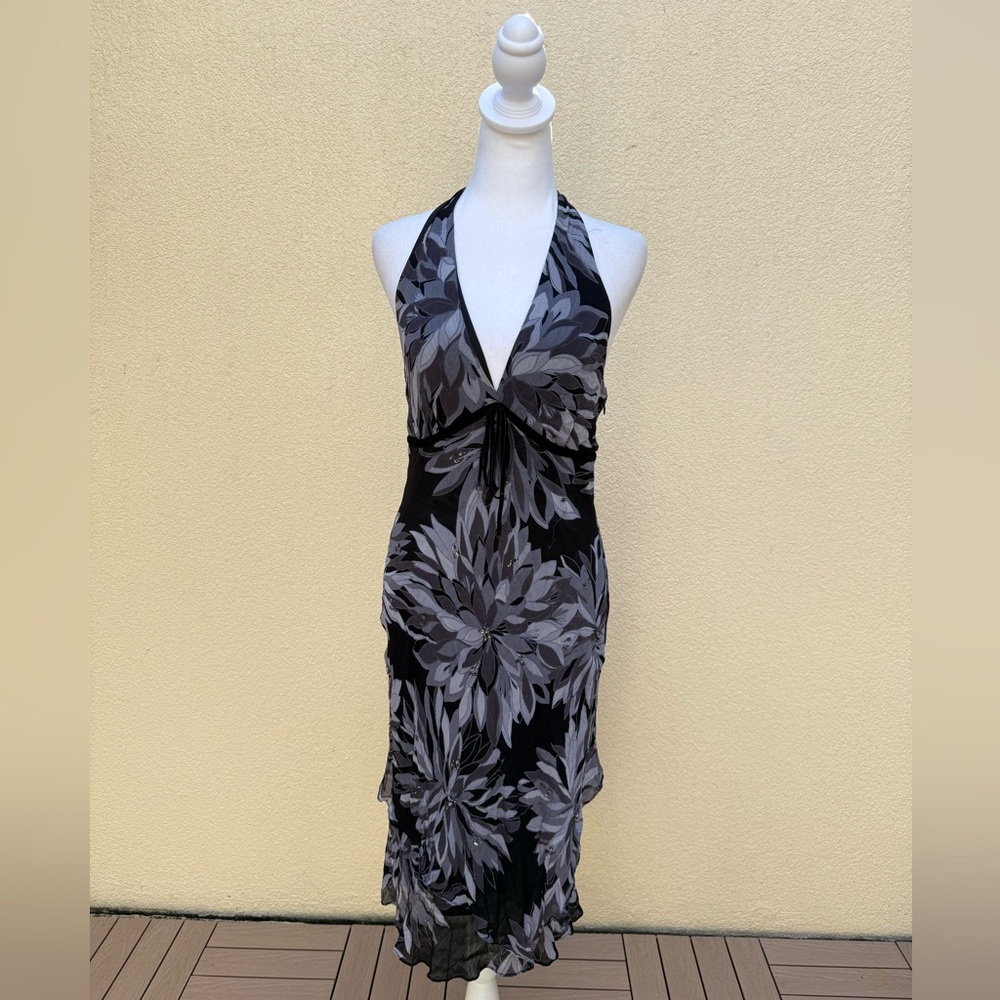 Eva Blue floral rayon bias silk slip on halter dress